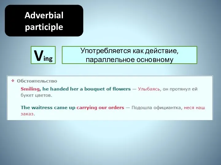 Adverbial participle Ving Употребляется как действие, параллельное основному