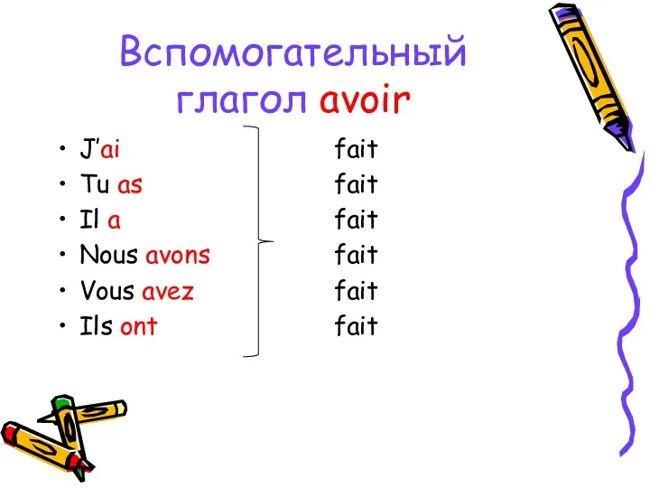 Вспомогательный глагол avoir J’ai Tu as Il a Nous avons