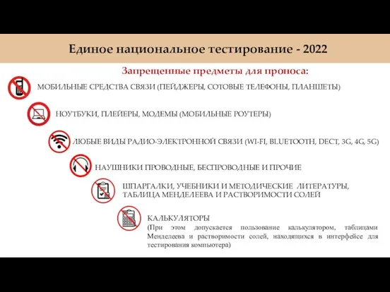 Единое национальное тестирование - 2022 Запрещенные предметы для проноса: