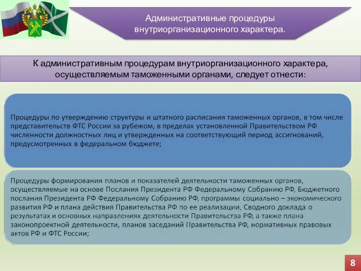 8 Административные процедуры внутриорганизационного характера. К административным процедурам внутриорганизационного характера, осуществляемым таможенными органами, следует отнести: