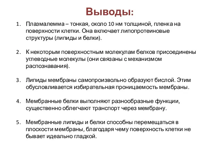 Выводы: Плазмалемма – тонкая, около 10 нм толщиной, пленка на