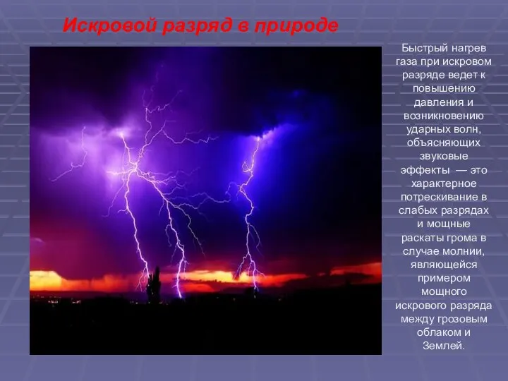 Искровой разряд в природе Быстрый нагрев газа при искровом разряде