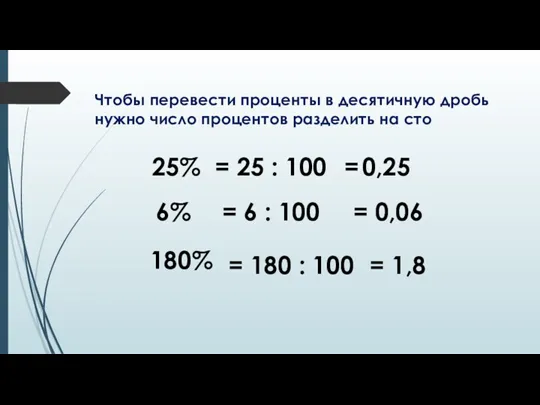 Чтобы перевести проценты в десятичную дробь нужно число процентов разделить