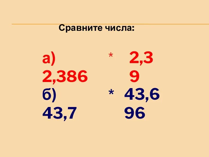 Сравните числа: а) 2,386 * 2,39 б) 43,7 * 43,696