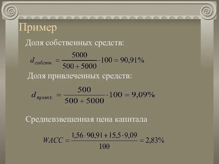 Пример Доля собственных средств: Доля привлеченных средств: Средневзвешенная цена капитала