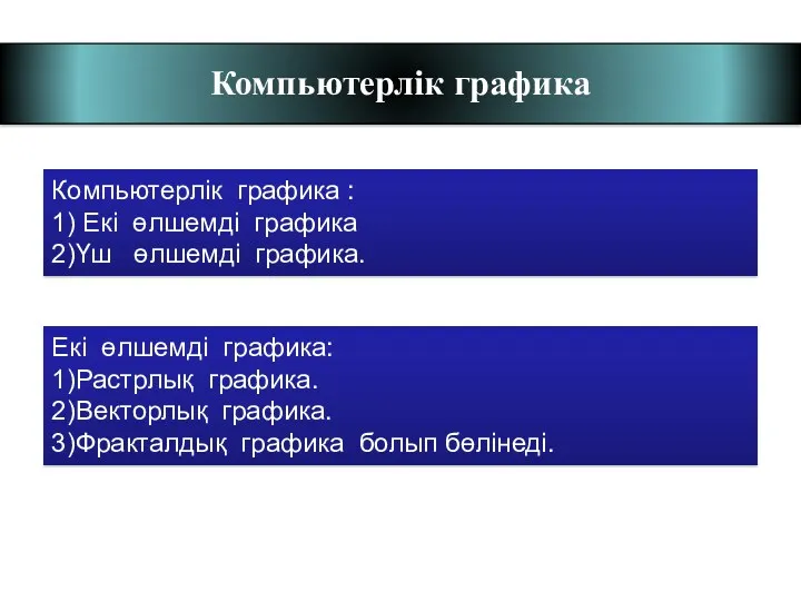 Компьютерлік графика Компьютерлік графика : 1) Екі өлшемді графика 2)Үш