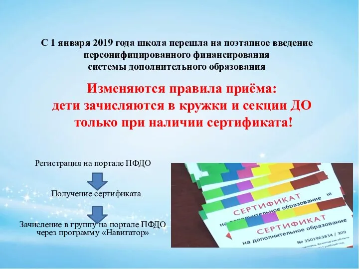 С 1 января 2019 года школа перешла на поэтапное введение персонифицированного финансирования системы