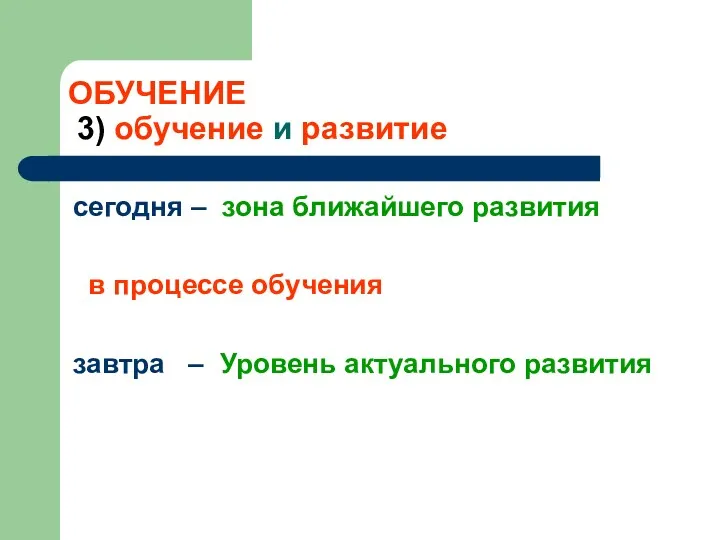 ОБУЧЕНИЕ 3) обучение и развитие сегодня – зона ближайшего развития