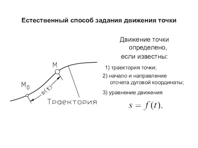 Естественный способ задания движения точки Движение точки определено, если известны: 1) траектория точки;