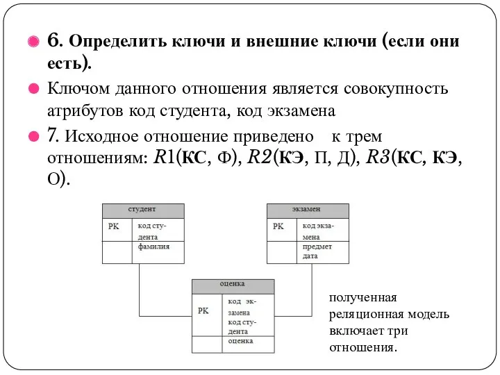 6. Определить ключи и внешние ключи (если они есть). Ключом