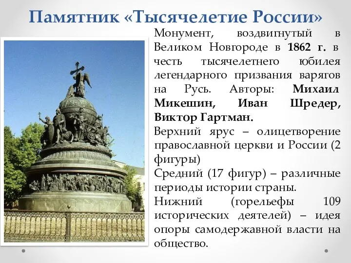 Памятник «Тысячелетие России» Монумент, воздвигнутый в Великом Новгороде в 1862