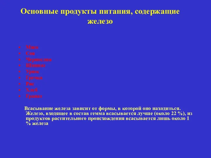 Основные продукты питания, содержащие железо Мясо Соя Чернослив Шпинат Урюк