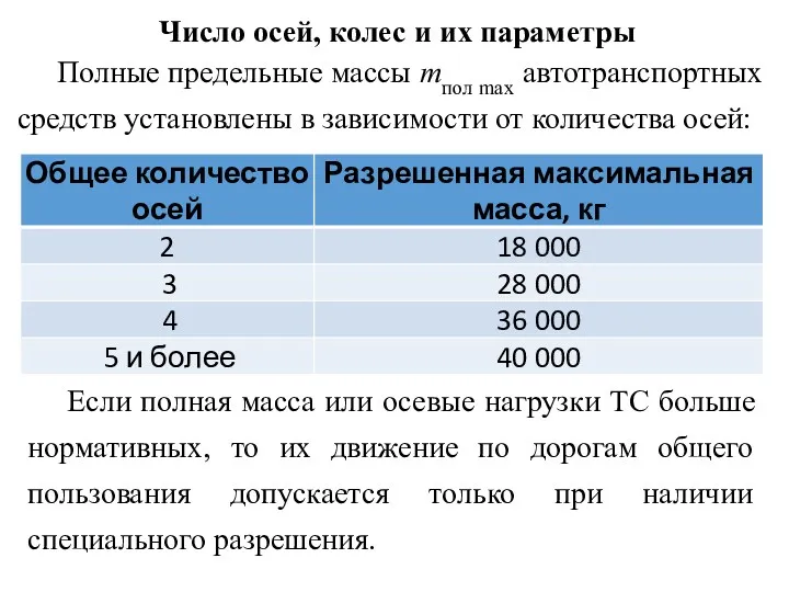 Число осей, колес и их параметры Полные предельные массы mпол