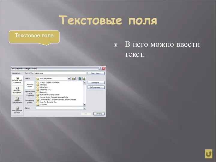 Текстовые поля В него можно ввести текст. Текстовое поле