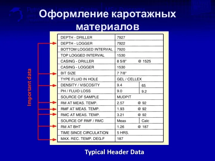 Оформление каротажных материалов Typical Header Data Important data