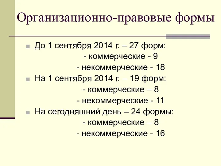 Организационно-правовые формы До 1 сентября 2014 г. – 27 форм: