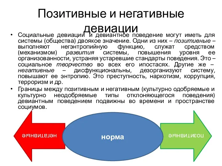 Позитивные и негативные девиации Социальные девиации и девиантное поведение могут