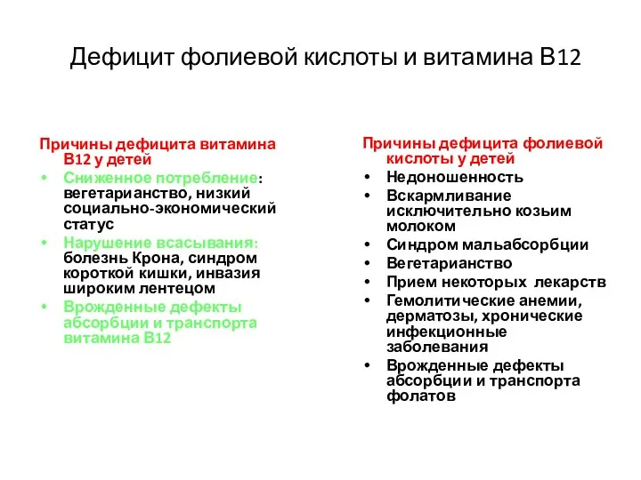 Дефицит фолиевой кислоты и витамина В12 Причины дефицита витамина В12 у детей Сниженное