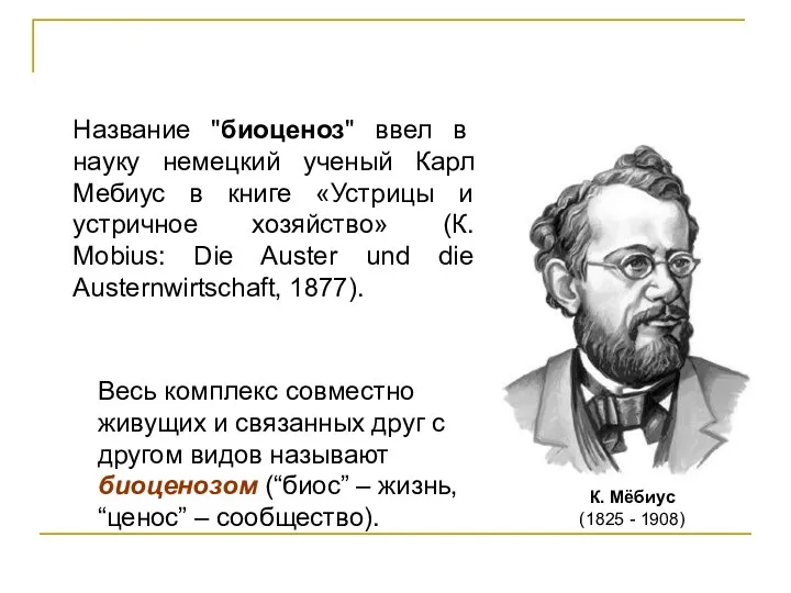 Название "биоценоз" ввел в науку немецкий ученый Карл Мебиус в