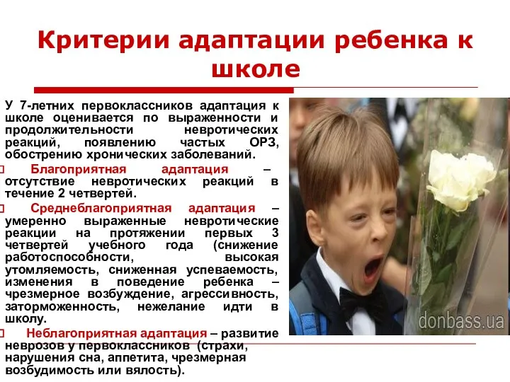 Критерии адаптации ребенка к школе У 7-летних первоклассников адаптация к