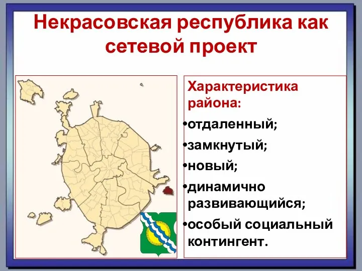 Некрасовская республика как сетевой проект Характеристика района: отдаленный; замкнутый; новый; динамично развивающийся; особый социальный контингент.