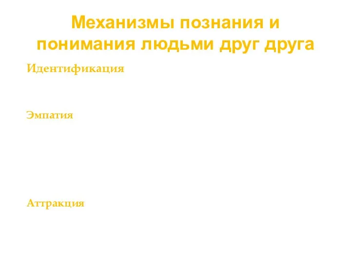 Механизмы познания и понимания людьми друг друга Идентификация – отождествление