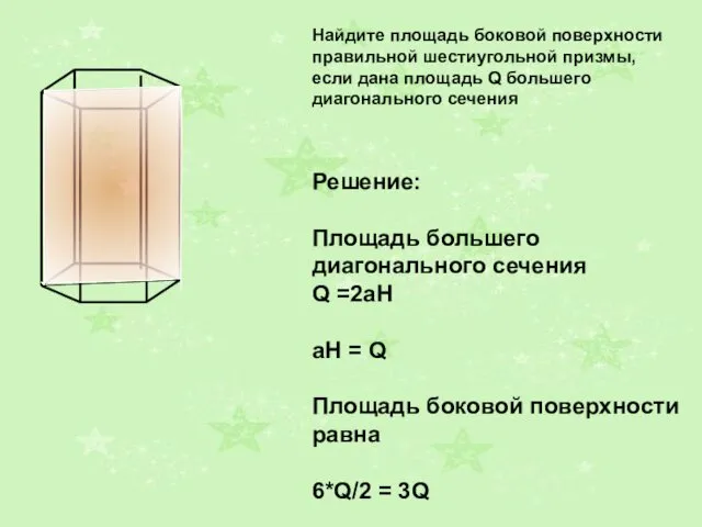 Найдите площадь боковой поверхности правильной шестиугольной призмы, если дана площадь