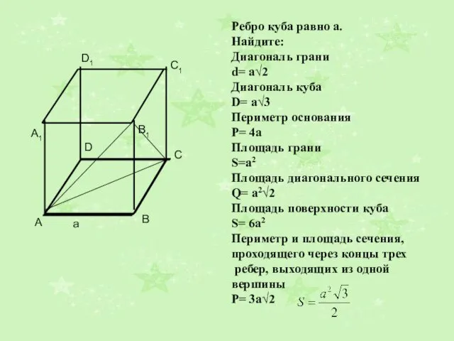 Ребро куба равно а. Найдите: Диагональ грани d= a√2 Диагональ