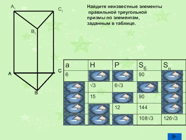 Найдите неизвестные элементы правильной треугольной призмы по элементам, заданным в