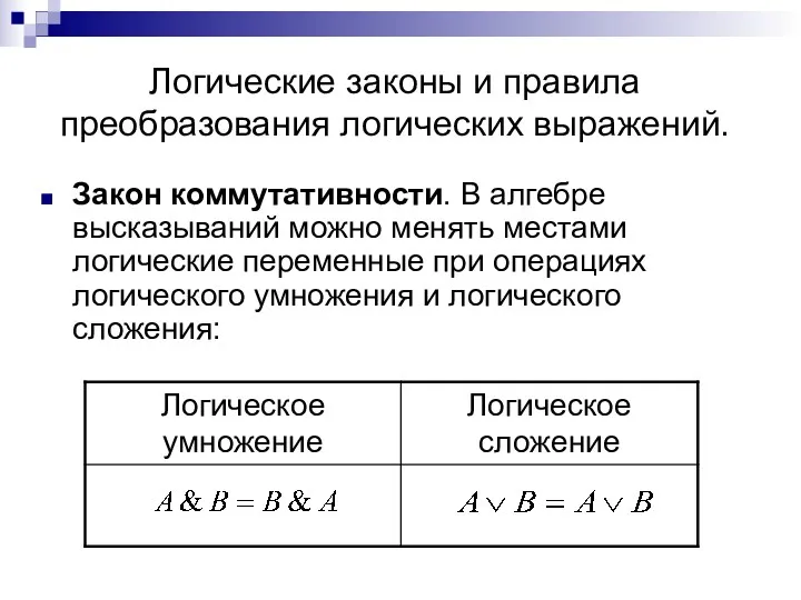 Логические законы и правила преобразования логических выражений. Закон коммутативности. В