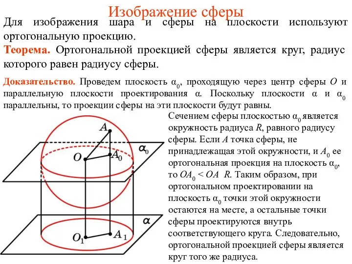 Изображение сферы Для изображения шара и сферы на плоскости используют