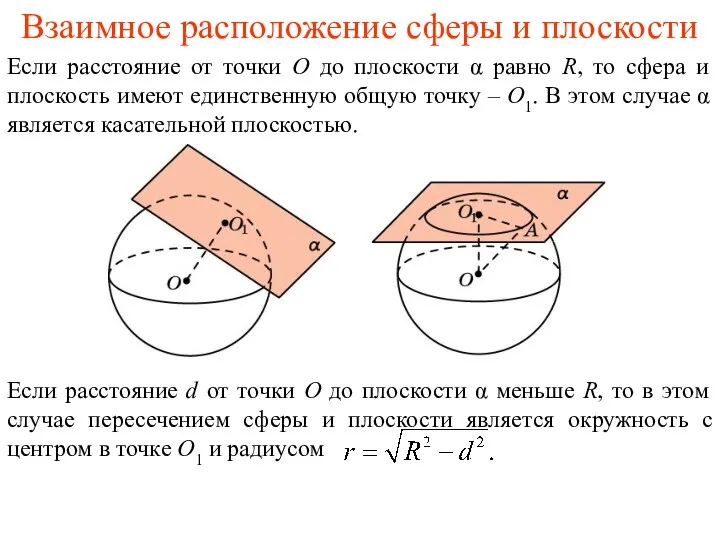 Взаимное расположение сферы и плоскости Если расстояние от точки О