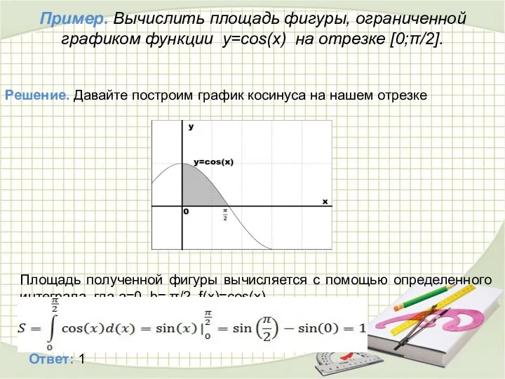 Пример. Вычислить площадь фигуры, ограниченной графиком функции y=cos(x) на отрезке