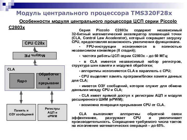 Модуль центрального процессора TMS320F28x Особенности модуля центрального процессора ЦСП серии