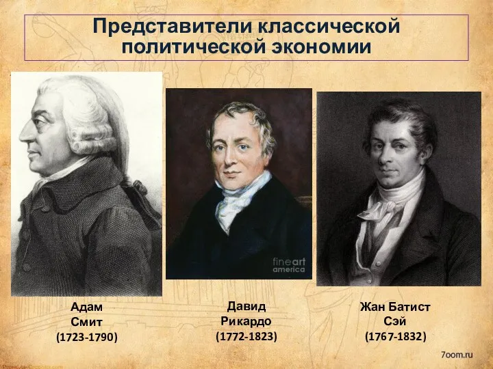 Представители классической политической экономии Адам Смит (1723-1790) Жан Батист Сэй (1767-1832) Давид Рикардо (1772-1823)