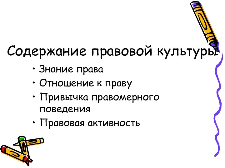 Содержание правовой культуры Знание права Отношение к праву Привычка правомерного поведения Правовая активность