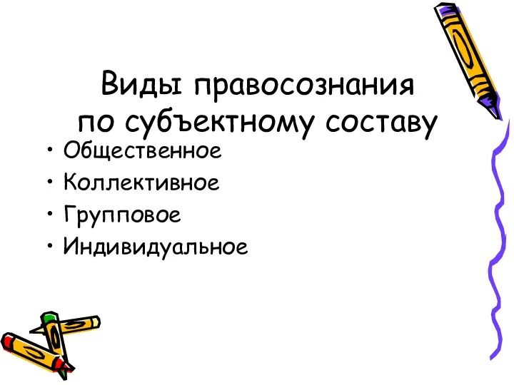 Виды правосознания по субъектному составу Общественное Коллективное Групповое Индивидуальное