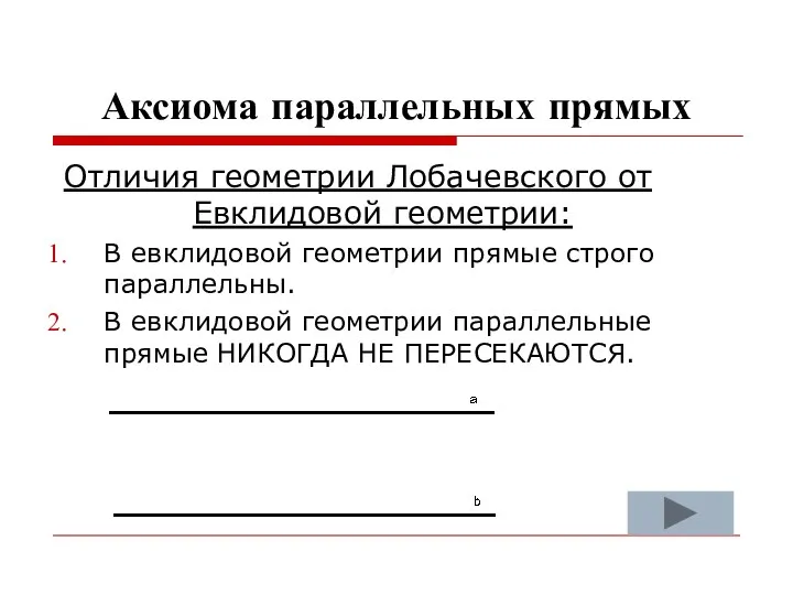 Аксиома параллельных прямых Отличия геометрии Лобачевского от Евклидовой геометрии: В