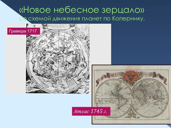 «Новое небесное зерцало» со схемой движения планет по Копернику. Гравюра 1717 Атлас 1745 г.