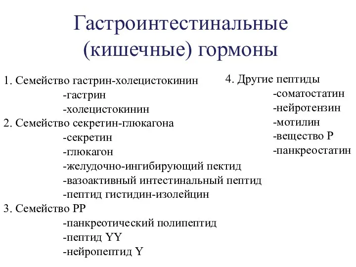 Гастроинтестинальные (кишечные) гормоны 1. Семейство гастрин-холецистокинин -гастрин -холецистокинин 2. Семейство