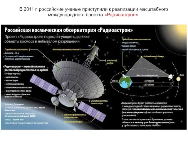 В 2011 г. российские ученые приступили к реализации масштабного международного проекта «Радиоастрон».