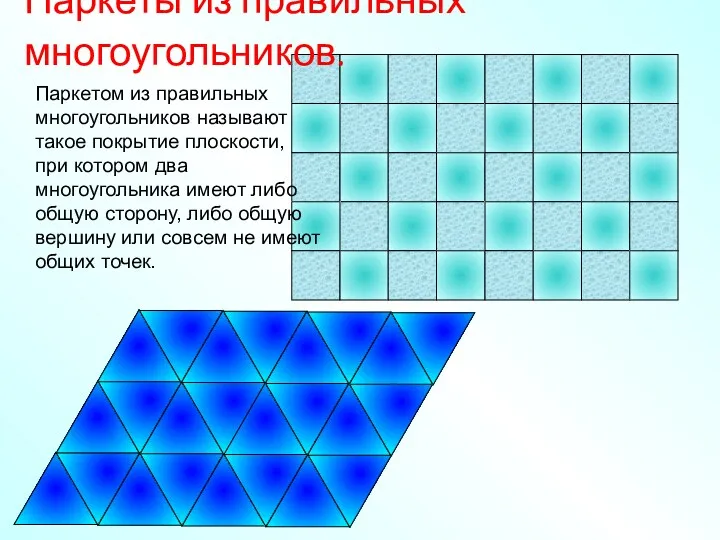 Паркеты из правильных многоугольников. Паркетом из правильных многоугольников называют такое