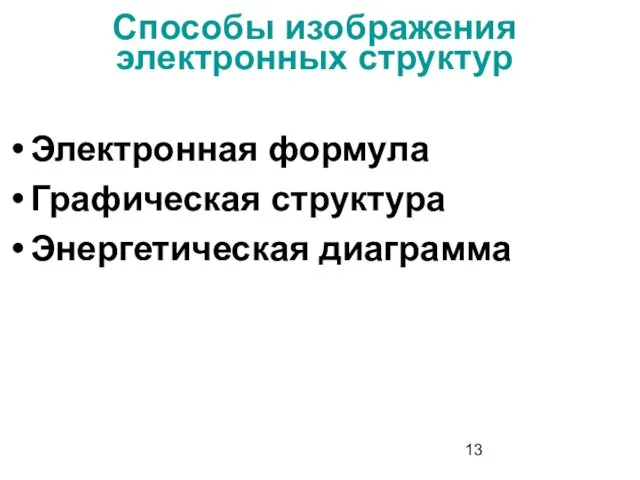 Способы изображения электронных структур Электронная формула Графическая структура Энергетическая диаграмма