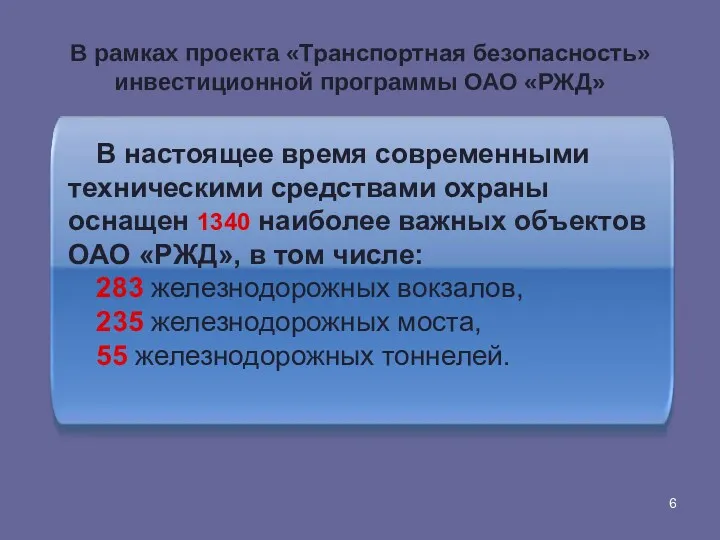 В рамках проекта «Транспортная безопасность» инвестиционной программы ОАО «РЖД» В