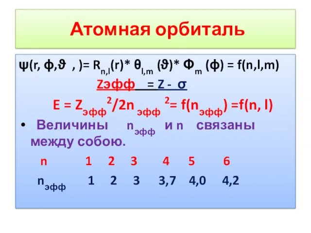 Атомная орбиталь ψ(r, ϕ,ϑ , )= Rn,l(r)* θl,m (ϑ)* Φm