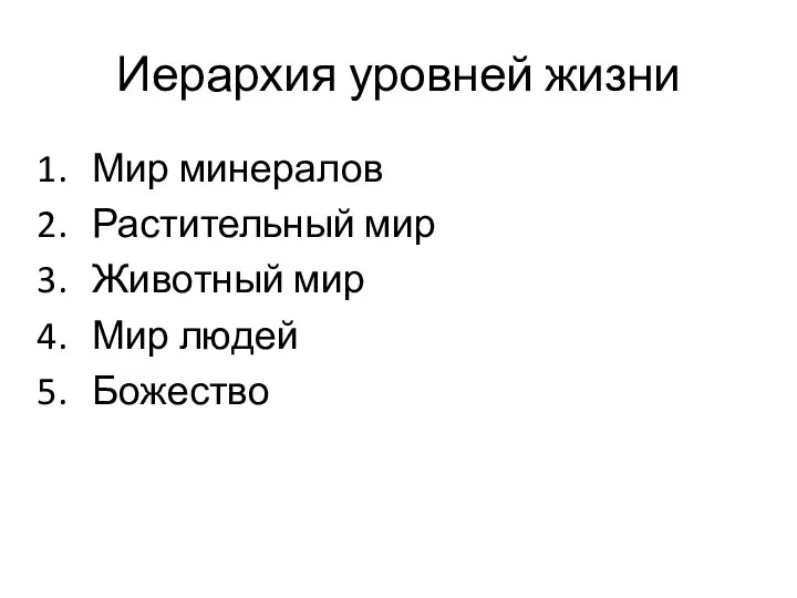 Иерархия уровней жизни Мир минералов Растительный мир Животный мир Мир людей Божество