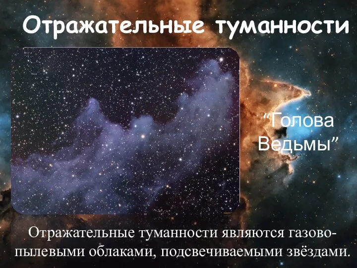 Отражательные туманности Отражательные туманности являются газово-пылевыми облаками, подсвечиваемыми звёздами. “Голова Ведьмы”