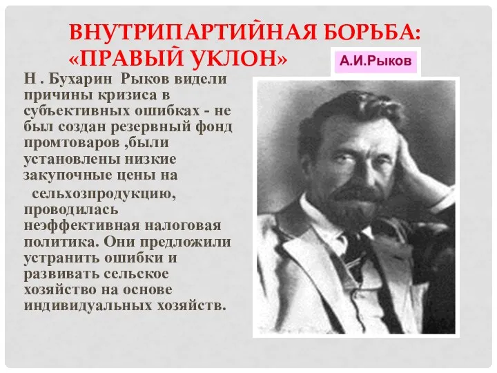 Н . Бухарин Рыков видели причины кризиса в субъективных ошибках