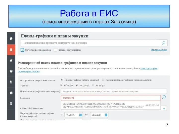 Работа в ЕИС (поиск информации в планах Заказчика)