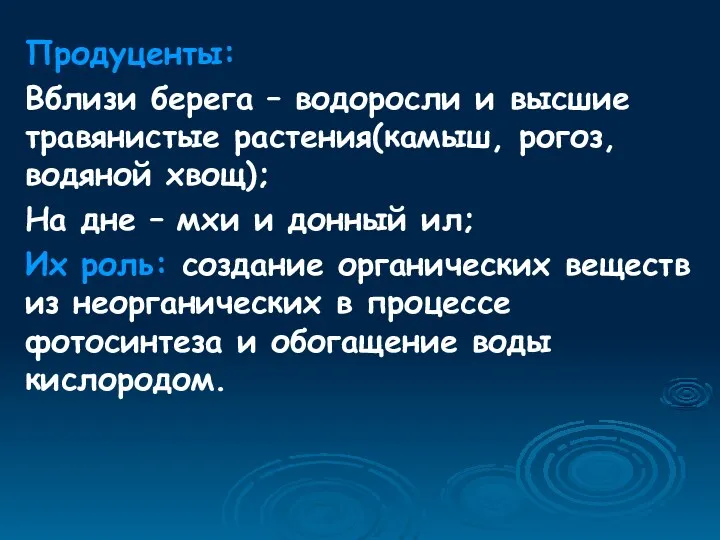 Продуценты: Вблизи берега – водоросли и высшие травянистые растения(камыш, рогоз, водяной хвощ); На